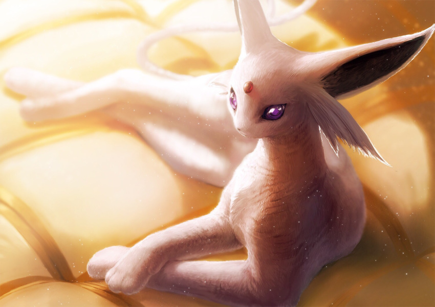 commentary couch espeon forehead_jewel gen_2_pokemon light_particles looking_at_viewer no_humans pokemon pokemon_(creature) realistic sitting teru_sakura