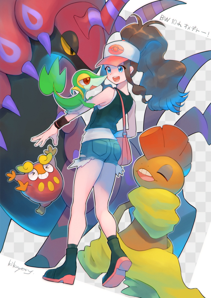 1girl bare_shoulders baseball_cap black_legwear black_vest black_wristband blue_eyes brown_hair checkered commentary_request darumaka denim denim_shorts eyelashes gen_5_pokemon hat high_ponytail highres hilda_(pokemon) kikuyoshi_(tracco) looking_to_the_side open_mouth pokemon pokemon_(creature) pokemon_(game) pokemon_bw pokemon_on_arm scolipede scrafty shorts sidelocks snivy socks teeth tongue vest wristband