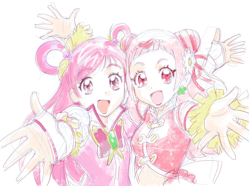 2girls breasts cure_dream cure_yell highres hugtto!_precure long_hair looking_at_viewer multiple_girls nono_hana open_mouth precure simple_background smile standing ueyama_michirou white_background yes!_precure_5 yes!_precure_5_gogo! yumehara_nozomi
