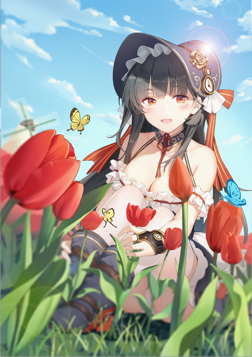 1girl absurdres black_hair black_headwear blue_sky breasts bug butterfly collarbone day flower hat highres huge_filesize indomitable_(warship_girls_r) insect long_hair looking_at_viewer medium_breasts mole mole_under_eye outdoors panties red_eyes red_flower sitting sky solo thigh-highs underwear warship_girls_r white_legwear white_panties windmill yinqi