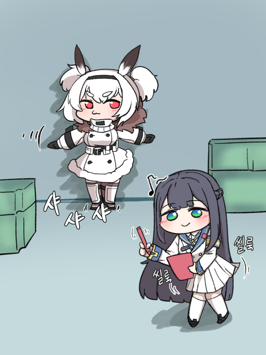 2girls :&gt; :3 bangs black_hair blush braid c-33_andvari chibi dancing eighth_note eyebrows_visible_through_hair full_body highres insihangsi korean_text last_origin long_hair multiple_girls musical_note pleated_skirt red_eyes skirt smile sneaking stylus t-13_alvis tablet_pc twintails two_side_up uniform very_long_hair white_hair white_skirt