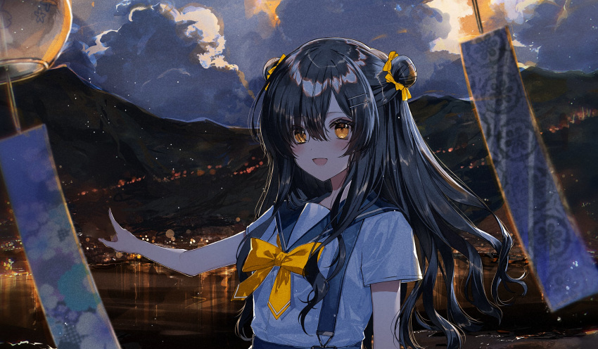 1girl :d bangs blush bow bowtie city_lights clouds double_bun evening fuuna_(conclusion) hair_between_eyes hair_bow hair_ornament hairclip highres lake lantern light_particles long_hair looking_at_viewer mountainous_horizon open_mouth original paper_lantern pointing sailor_collar shiny shiny_hair short_sleeves sidelocks smile solo suspenders tied_hair yellow_bow yellow_eyes yellow_neckwear