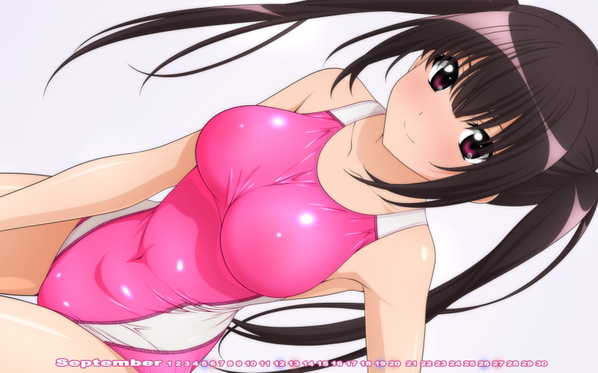 1girl black_hair breasts calendar_(medium) collarbone commentary_request competition_swimsuit covered_navel cowboy_shot grey_background highres leaning_forward long_hair looking_at_viewer medium_breasts one-piece_swimsuit original pink_swimsuit sideways simple_background smile solo sugimura_tomokazu swimsuit twintails violet_eyes wallpaper