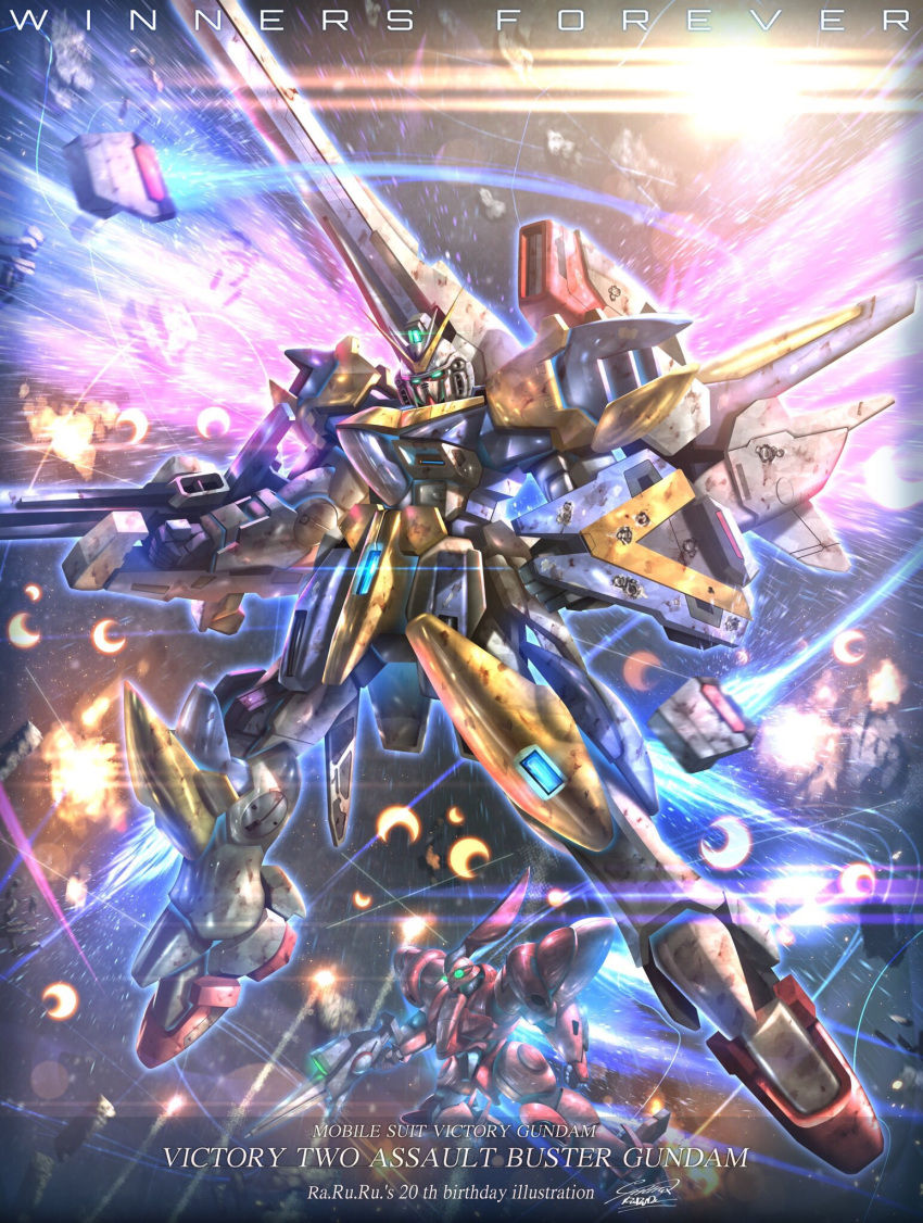 character_name copyright_name firing glowing glowing_eyes gottrlatan green_eyes gun gundam highres holding holding_gun holding_weapon looking_at_viewer mecha missile raruru solo_focus v-fin v2_gundam victory_gundam weapon