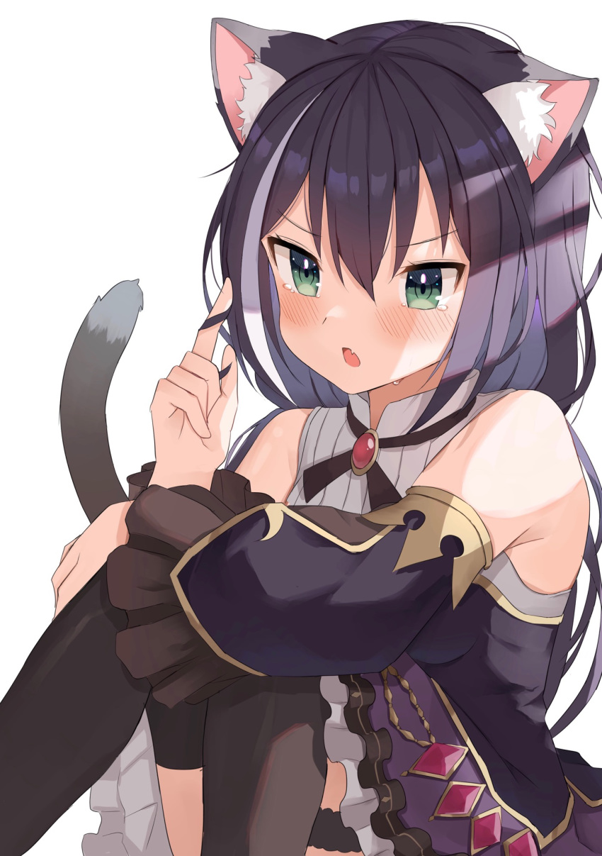 1girl animal_ear_fluff animal_ears bangs bare_shoulders black_hair blush breasts cat_ears cat_girl cat_tail commentary_request eyebrows_visible_through_hair fang green_eyes highres karyl_(princess_connect!) long_hair looking_at_viewer low_twintails multicolored_hair open_mouth princess_connect! princess_connect!_re:dive raru0310 solo streaked_hair tail twintails white_hair