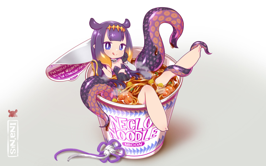 1girl :q bangs bare_legs barefoot blunt_bangs blush breasts chaki_(teasets) chibi commentary_request cup cup_noodle dress food gloves highres hololive hololive_english in_container in_cup in_food instant_ramen long_hair looking_at_viewer minigirl monster_girl ninomae_ina'nis noodles purple_hair ramen simple_background small_breasts smile solo steam tentacle_hair tentacles tongue tongue_out violet_eyes virtual_youtuber
