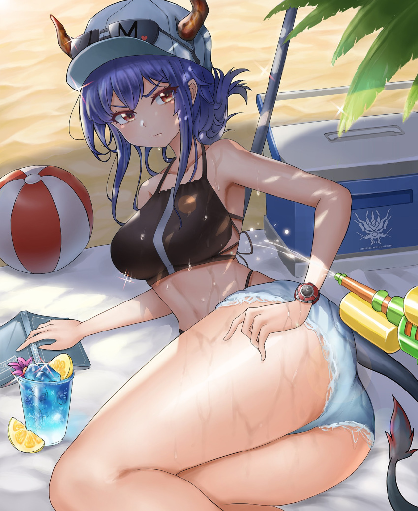 1girl arknights ass ball bangs bare_arms bare_shoulders baseball_cap beachball blue_hair book breasts brown_eyes ch'en_(arknights) commentary cooler cup dragon_horns dragon_tail drinking_glass feet_out_of_frame food fruit great_lungmen_logo hat highres horns horns_through_headwear large_breasts lemon lemon_slice long_hair looking_at_viewer shadow sidelocks solo stomach sunglasses tail thighs v-shaped_eyebrows watch watch water_gun woodpecker_(alsdndlekd)