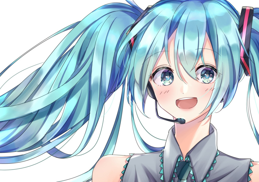 1girl aqua_eyes aqua_hair aqua_neckwear bare_shoulders commentary grey_shirt hair_ornament hatsune_miku headphones headset highres lips long_hair looking_at_viewer necktie open_mouth portrait shirt sleeveless sleeveless_shirt smile solo twintails vocaloid white_background yuyuyu_1011