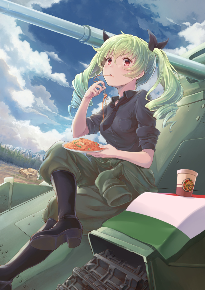 1girl anchovy_(girls_und_panzer) anzio_military_uniform black_necktie black_neckwear black_ribbon black_shirt blush boots clothes_around_waist clouds collared_shirt cup disposable_cup drill_hair eating food fork girls_und_panzer green_hair ground_vehicle hair_ribbon highres italian_flag jacket jacket_around_waist long_hair looking_at_viewer military military_vehicle misashi_(raichi821) motor_vehicle necktie outdoors pants pasta plate red_eyes ribbon shirt sitting sky sleeves_rolled_up solo spaghetti tank twin_drills twintails