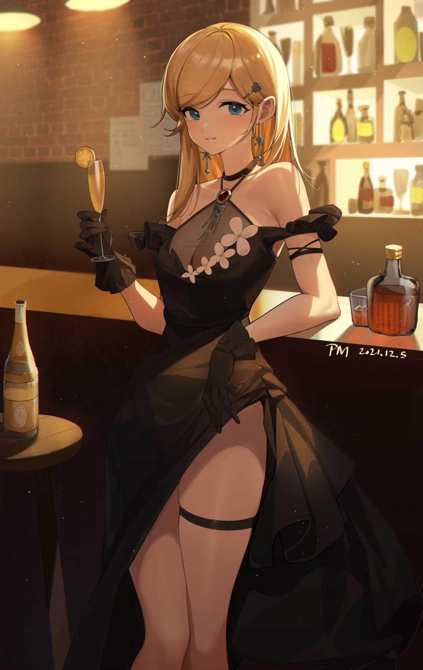 1girl absurdres alcohol bangs bare_shoulders black_dress black_gloves blonde_hair blue_eyes blush brooch champagne_flute character_request commentary copyright_request cup dated dress drinking_glass eyebrows_visible_through_hair feet_out_of_frame gloves guangsupaomian hair_ornament hairclip hand_up highres holding holding_cup indoors jewelry long_hair looking_at_viewer parted_lips smile solo standing thigh_strap thighs whiskey