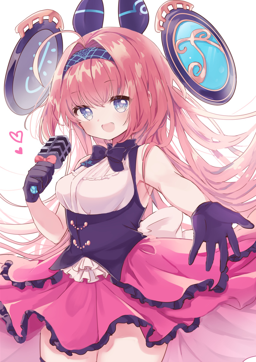 1girl :d ahoge bangs bare_shoulders black_bow black_gloves black_hairband blue_eyes bow breasts brown_hair collared_shirt eyebrows_visible_through_hair frilled_skirt frills gloves hair_intakes hairband headgear heart highres holding holding_microphone karunabaru lishenna_omen_of_destruction long_hair looking_at_viewer medium_breasts microphone open_mouth outstretched_arm pink_skirt red_bow shadowverse shirt simple_background skirt sleeveless sleeveless_shirt smile solo standing very_long_hair white_background white_shirt