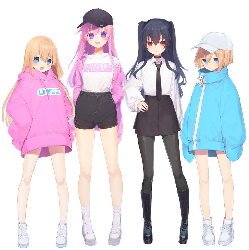 4girls :d absurdres alternate_costume bare_legs baseball_cap black_footwear black_legwear black_neckwear black_shorts black_skirt blush boots buran_buta casual choujigen_game_neptune_mk2 cross-laced_footwear expressionless full_body hair_between_eyes hand_on_hip hands_in_pockets happy hat highres jacket knee_boots legs long_hair looking_at_viewer multiple_girls necktie nepgear neptune_(series) off_shoulder open_clothes open_jacket open_mouth oversized_clothes pantyhose pink_hoodie pink_jacket ram_(neptune_series) rom_(neptune_series) shirt short_hair short_shorts shorts siblings simple_background sisters skirt smile staring twins two_side_up uni_(neptune_series) very_long_hair very_long_sleeves white_background white_footwear white_legwear white_shirt