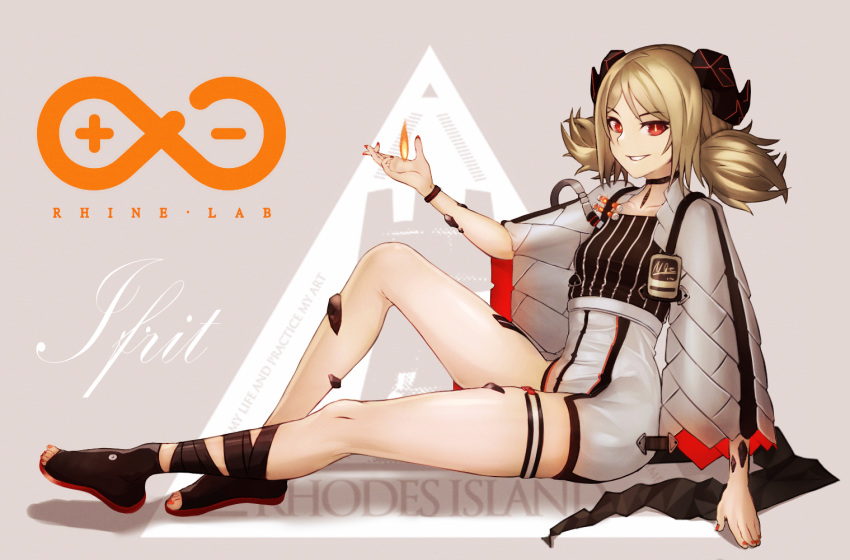 1girl arknights bare_shoulders black_footwear black_ribbon blonde_hair character_name chya_(p_chihaya) commentary fire grey_background grin horns ifrit_(arknights) leg_ribbon long_sleeves looking_at_viewer low_twintails nail_polish open_toe_shoes originium_arts_(arknights) oripathy_lesion_(arknights) red_eyes red_nails rhine_lab_logo rhodes_island_logo ribbon shoes short_hair simple_background sitting smile solo thigh_strap thighs twintails wide_sleeves