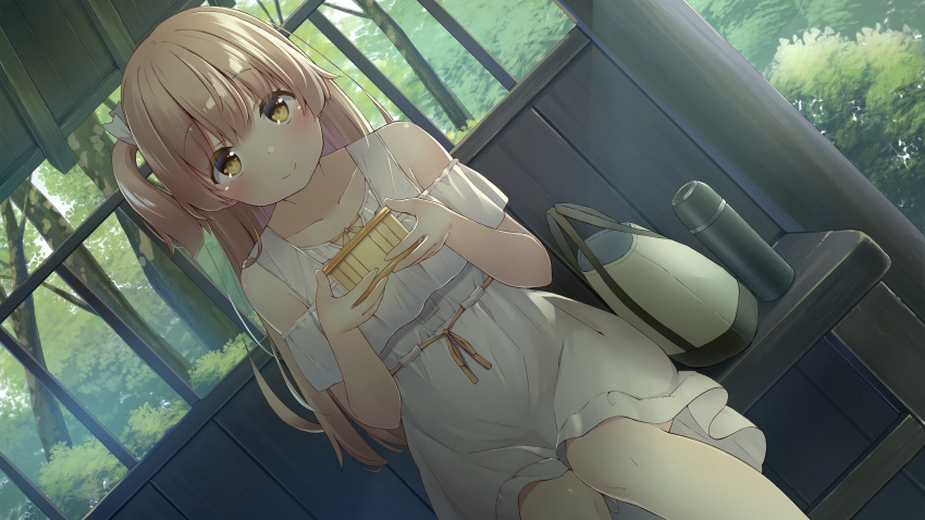 1girl absurdres bag bangs bare_shoulders bench blonde_hair blush bow collarbone day dress dutch_angle eyebrows_visible_through_hair forest hair_bow hanabe_(airutu0830_1) hands_up highres holding knees_together_feet_apart long_hair looking_at_viewer lunchbox nature obentou one_side_up original outdoors ribbon shade sitting smile sundress sunlight thermostat tree white_dress yellow_eyes