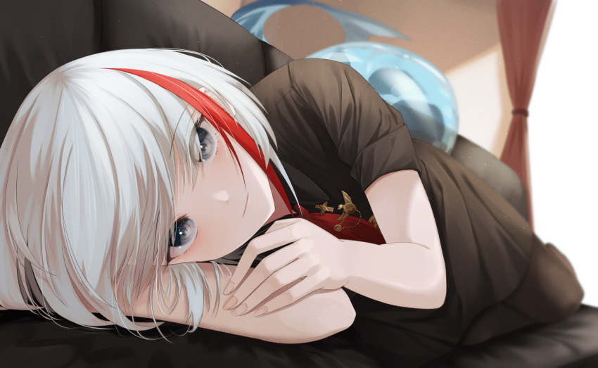1girl admiral_graf_spee_(azur_lane) admiral_graf_spee_(maiden's_sunday)_(azur_lane) azur_lane bangs black_dress black_legwear blue_eyes blurry blush breasts commentary_request couch curtains depth_of_field dress eyebrows_visible_through_hair fish_tail full_body head_rest indoors iron_cross looking_at_viewer lying medal medium_breasts multicolored_hair necktie on_side pantyhose red_neckwear redhead shark_tail short_hair short_necktie short_sleeves sidelocks silver_hair smile solo streaked_hair tail window yamada_maya_(user_xmvn3833)