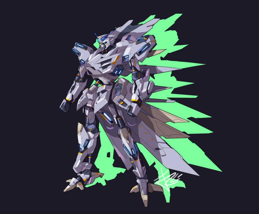 beifun_otona blue_eyes clenched_hands grey_background gundam gundam_g-saviour highres i-saviour_gundam looking_ahead mecha no_humans signature solo standing v-fin