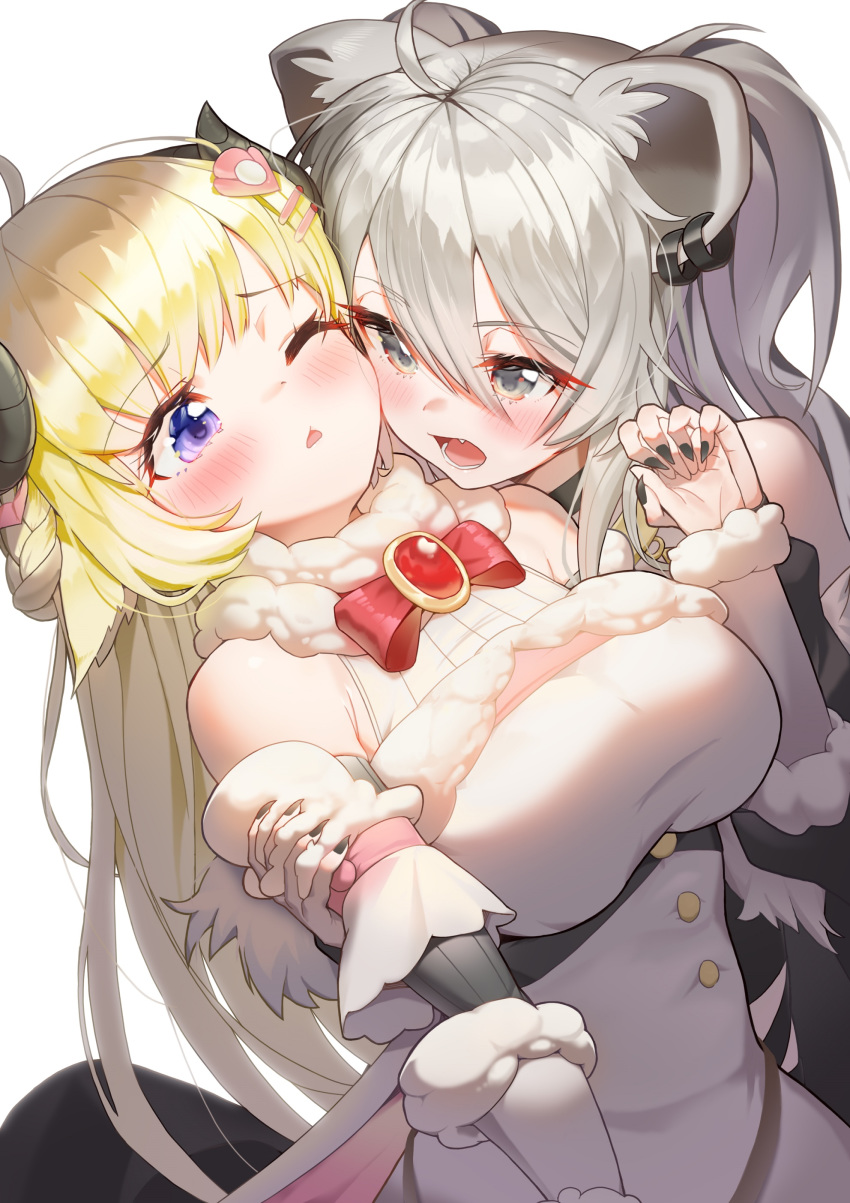 2girls absurdres ahoge animal_ears bangs bare_shoulders black_nails blonde_hair blush braid breasts brooch cheek-to-cheek detached_sleeves dress ear_clip earrings fang fur-trimmed_dress fur_collar fur_trim grey_eyes grey_hair hair_between_eyes hair_ornament hairclip highres holding_arm holding_hand hololive horns jewelry keureu_(tiqkdtiqkd10) large_breasts lion_ears lion_girl long_hair looking_at_another multiple_girls one_eye_closed open_mouth red_neckwear sheep_ears sheep_girl sheep_horns shishiro_botan simple_background sleeveless sleeveless_dress tsunomaki_watame violet_eyes virtual_youtuber white_dress yuri