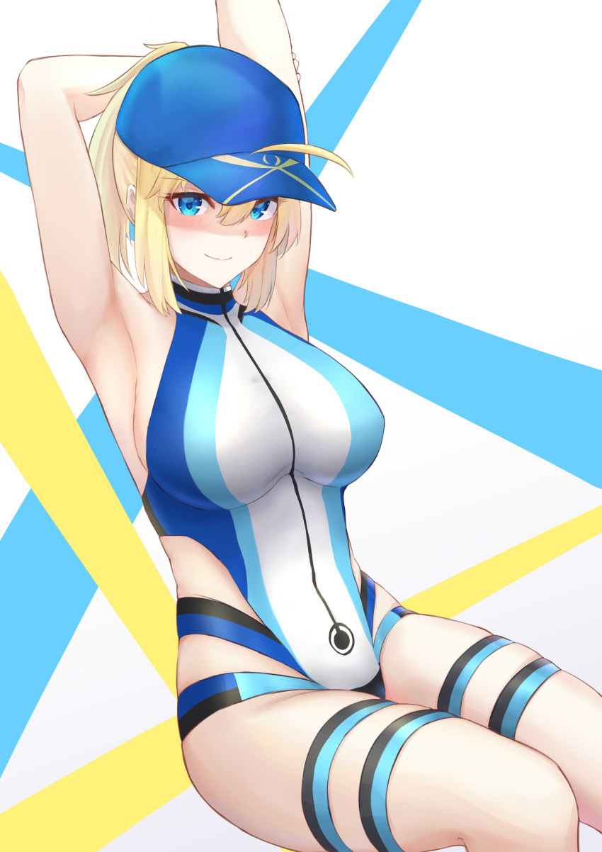 1girl absurdres ahoge arm_behind_head armpits arms_up artoria_pendragon_(all) bangs bare_shoulders baseball_cap blonde_hair blue_eyes blue_headwear blue_swimsuit blush breasts closed_mouth cosplay fate/grand_order fate_(series) fuwatoromonta hair_between_eyes hair_through_headwear hat highleg highleg_swimsuit highres large_breasts long_hair looking_at_viewer mysterious_heroine_xx_(foreigner) one-piece_swimsuit ponytail sidelocks sitting smile swimsuit thigh_strap thighs tomoe_gozen_(fate/grand_order) tomoe_gozen_(swimsuit_saber)_(fate) tomoe_gozen_(swimsuit_saber)_(fate)_(cosplay) two-tone_swimsuit white_swimsuit
