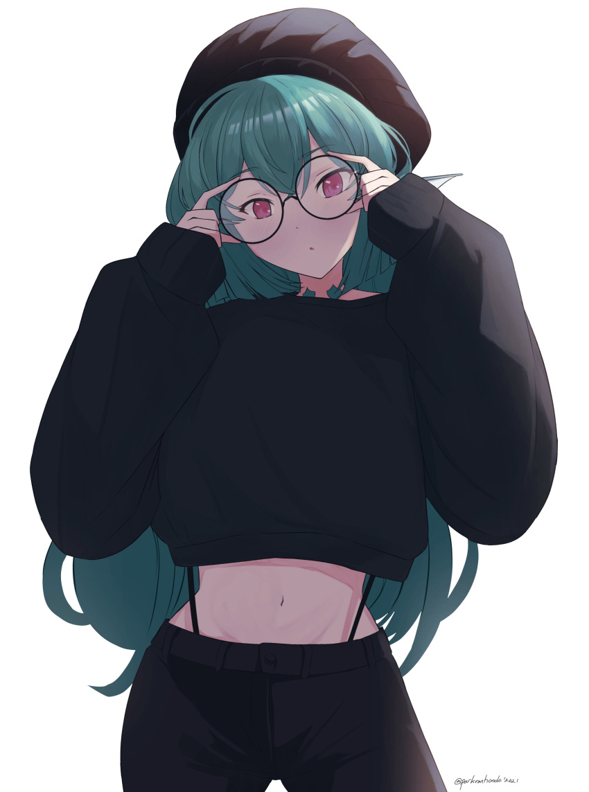 :o absurdres alternate_costume bangs beret bespectacled black_headwear black_hoodie blush finana_ryugu glasses hat head_fins head_tilt highres hood hoodie long_hair midriff navel neck_tattoo nijisanji nijisanji_en open_mouth parkiranhonda round_eyewear tattoo twitter_username violet_eyes virtual_youtuber