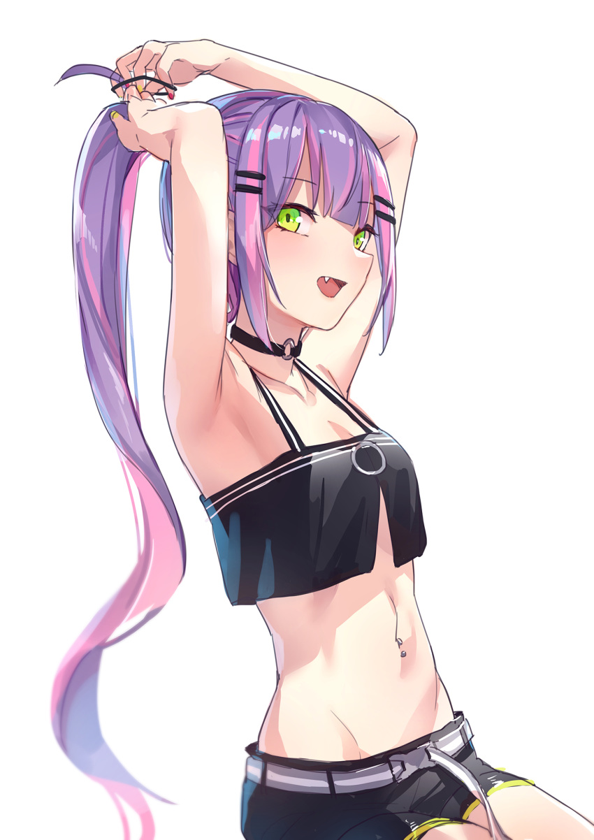 1girl :d armpits arms_behind_head arms_up bare_arms bare_shoulders belt black_choker black_shirt black_shorts breasts choker crop_top crop_top_overhang fang green_eyes groin hair_ornament hair_tie hairclip highres hololive long_hair looking_at_viewer midriff mr.lime multicolored_hair nail_polish navel navel_piercing open_mouth piercing ponytail purple_hair revision shirt short_shorts shorts sidelocks simple_background sitting sleeveless sleeveless_shirt small_breasts smile solo stomach tokoyami_towa two-tone_hair virtual_youtuber white_background