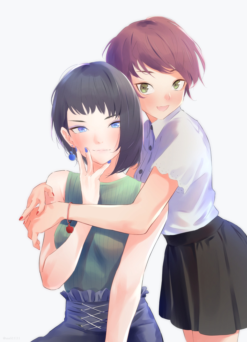 2girls absurdres asymmetrical_hair bangs black_hair black_skirt blue_eyes blue_nails blue_skirt blunt_bangs blunt_ends bracelet brown_hair closed_mouth collared_shirt commentary earrings eyeshadow green_eyes green_shirt half-closed_eyes hand_on_own_face high-waist_skirt highres hug hug_from_behind jewelry light_smile looking_at_viewer makeup mascara miniskirt mole multiple_girls nail_polish open_mouth original oze_(xyz_go_go11) red_nails ribbed_shirt shirt short_hair short_sleeves simple_background sitting skirt sleeveless sleeveless_shirt smile standing swept_bangs white_background white_shirt wing_collar