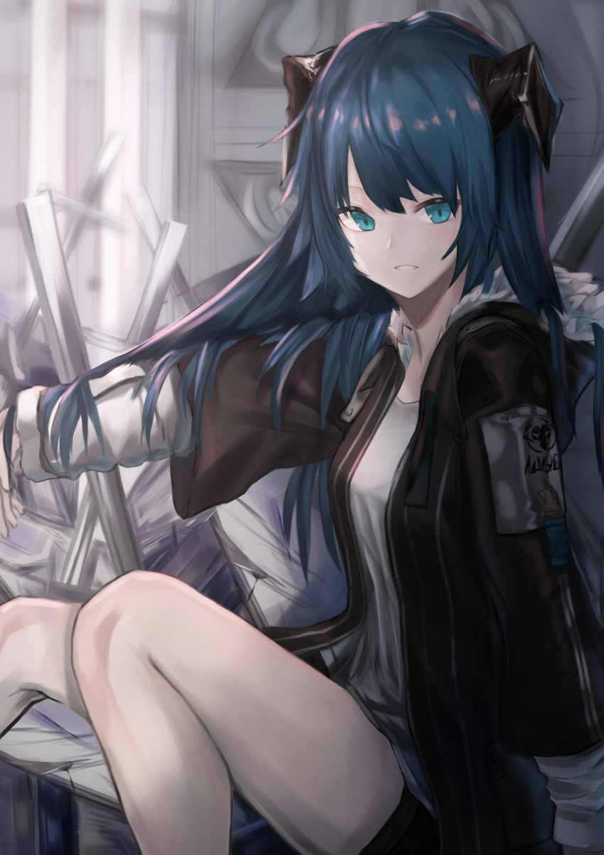 1girl absurdres arknights bangs black_jacket blue_eyes blue_hair commentary feet_out_of_frame highres horns huge_filesize jacket long_hair long_sleeves looking_at_viewer mostima_(arknights) open_clothes open_jacket parted_lips shirt sitting solo thighs white_shirt yuryou_jime