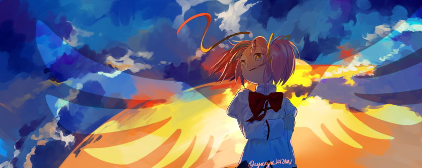 1girl absurdres arm_at_side backlighting blue_sky clouds cloudy_sky commentary_request expressionless facing_viewer flat_chest floating_hair gradient gradient_sky hair_ribbon hand_on_own_arm high_collar highres juliet_sleeves kaname_madoka long_sleeves looking_afar mahou_shoujo_madoka_magica mitakihara_school_uniform neck_ribbon orange_sky outdoors parted_lips pink_hair puffy_sleeves red_ribbon red_sky ribbon sate_(ryu_ryu_1212m) school_uniform self_hug shaded_face shiny shiny_hair sky solo sunlight sunset transparent_wings twintails twitter_username uniform upper_body wide-eyed wide_shot wind wind_lift wings yellow_eyes yellow_ribbon
