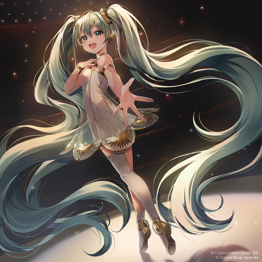 1girl :d bangs bare_shoulders boots breasts chyoling commentary_request dress eyebrows_visible_through_hair from_behind green_eyes green_hair hair_between_eyes hair_ornament hand_on_own_chest hand_up hatsune_miku highres looking_at_viewer looking_back miku_symphony_(vocaloid) official_art open_mouth outstretched_arm see-through shoe_soles single_thighhigh small_breasts smile solo standing standing_on_one_leg thigh-highs tiptoes twintails upper_teeth vocaloid watermark white_dress white_footwear white_legwear