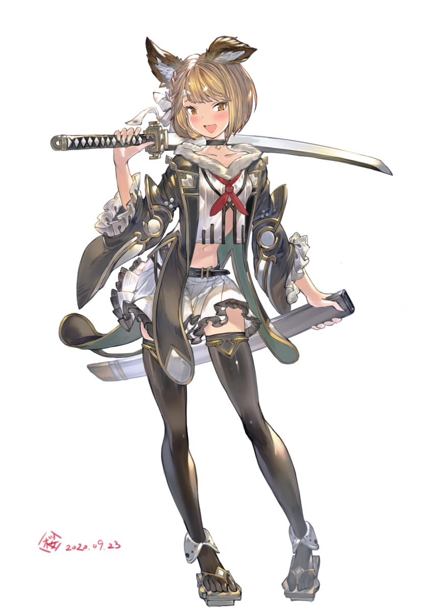 1girl :d animal_ears bangs black_choker black_legwear blonde_hair blush bow braid choker collarbone commentary_request dog_ears erune frilled_skirt frilled_sleeves frills full_body granblue_fantasy hair_bow headband highres holding holding_sword holding_weapon katana long_sleeves looking_at_viewer navel neckerchief open_mouth over_shoulder red_neckwear sakura_rock sandals sheath short_hair simple_background skirt smile solo sword thigh-highs unsheathed vajra_(granblue_fantasy) weapon weapon_over_shoulder white_background white_bow white_skirt zettai_ryouiki