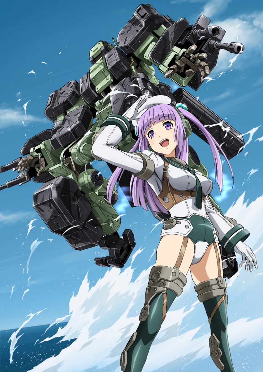1girl bangs boots breasts frame_arms_girl greifen highres kumichou_(ef65-1118-ef81-95) looking_to_the_side mecha mecha_request medium_breasts ocean open_hands open_mouth purple_hair thigh-highs thigh_boots violet_eyes