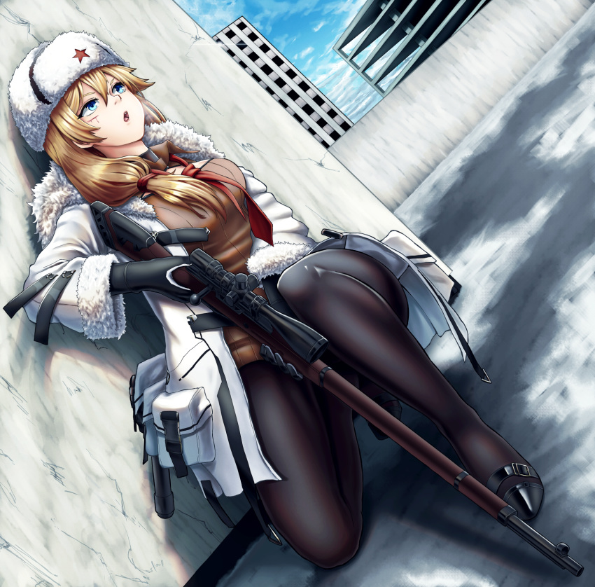 1girl bangs black_footwear black_gloves black_legwear blonde_hair blue_eyes bolt_action breasts city coat eyebrows_visible_through_hair fur_hat girls_frontline gloves gun hand_on_weapon hat highres holding holding_weapon long_hair looking_away medium_breasts mosin-nagant mosin-nagant_(girls_frontline) necktie one_knee open_mouth pantyhose red_neckwear red_star rifle scar scrson shoes side_ponytail sniper_rifle solo standing standing_on_one_leg ushanka weapon white_coat white_headwear