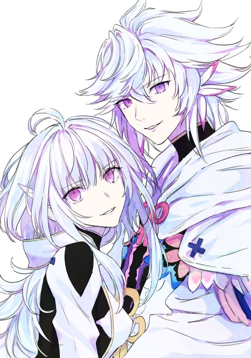 1boy 1girl absurdres ahoge commentary_request eyebrows_visible_through_hair fate/grand_order fate_(series) hair_between_eyes highres long_hair looking_at_viewer merlin_(fate) merlin_(fate/prototype) nipi27 simple_background upper_body violet_eyes white_background white_hair