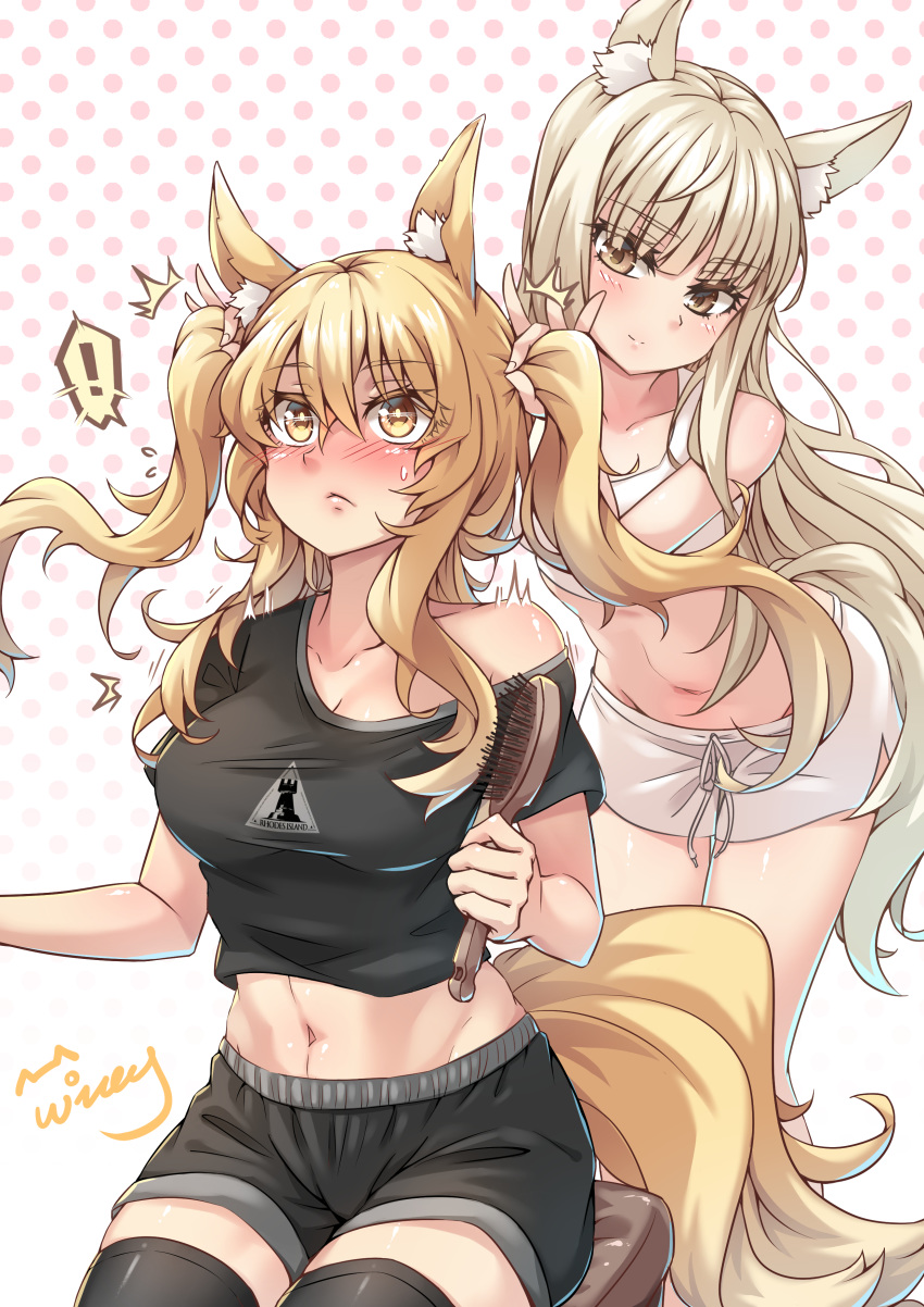! /\/\/\ 2girls absurdres alternate_hairstyle animal_ear_fluff animal_ears arknights bangs bare_shoulders black_legwear black_shirt black_shorts blonde_hair blush breasts brown_eyes chinese_commentary collarbone commentary_request crop_top eyebrows_visible_through_hair hair_between_eyes hair_brush halftone halftone_background head_tilt highres holding holding_brush large_breasts long_hair midriff multiple_girls navel nearl_(arknights) off-shoulder_shirt off_shoulder partial_commentary platinum_(arknights) shirt short_shorts short_sleeves shorts silver_hair sitting stomach tail thigh-highs twintails very_long_hair white_background white_shorts wing_(4486066) yellow_eyes