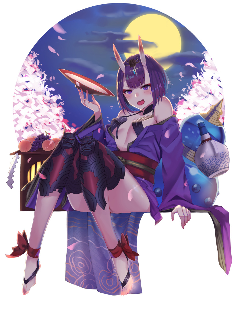 1girl absurdres alcohol bangs bare_shoulders barefoot_sandals blush bob_cut breasts cherry_blossoms collarbone cup eyeliner fate/grand_order fate_(series) feet food fruit full_moon gourd grapes headpiece highres horns japanese_clothes kimono legs long_sleeves looking_at_viewer makeup moon night night_sky obi off_shoulder oni oni_horns open_mouth peach petals purple_hair purple_kimono revealing_clothes sakazuki sake sash short_hair shuten_douji_(fate/grand_order) sitting skin-covered_horns sky small_breasts smile t_bone_(06tbone) violet_eyes wide_sleeves