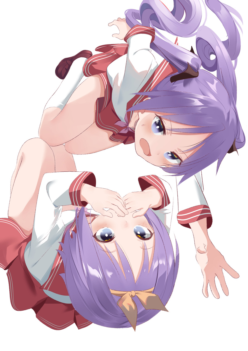 2girls absurdres black_ribbon bow brown_footwear falling hair_bow hair_ribbon highres hiiragi_kagami hiiragi_tsukasa long_sleeves looking_at_another lucky_star multiple_girls open_mouth pleated_skirt purple_hair red_sailor_collar red_skirt ribbon sailor_collar school_uniform serafuku simple_background skirt socks sweatdrop violet_eyes wavy_mouth white_background white_legwear yellow_ribbon zeppeki_shoujo