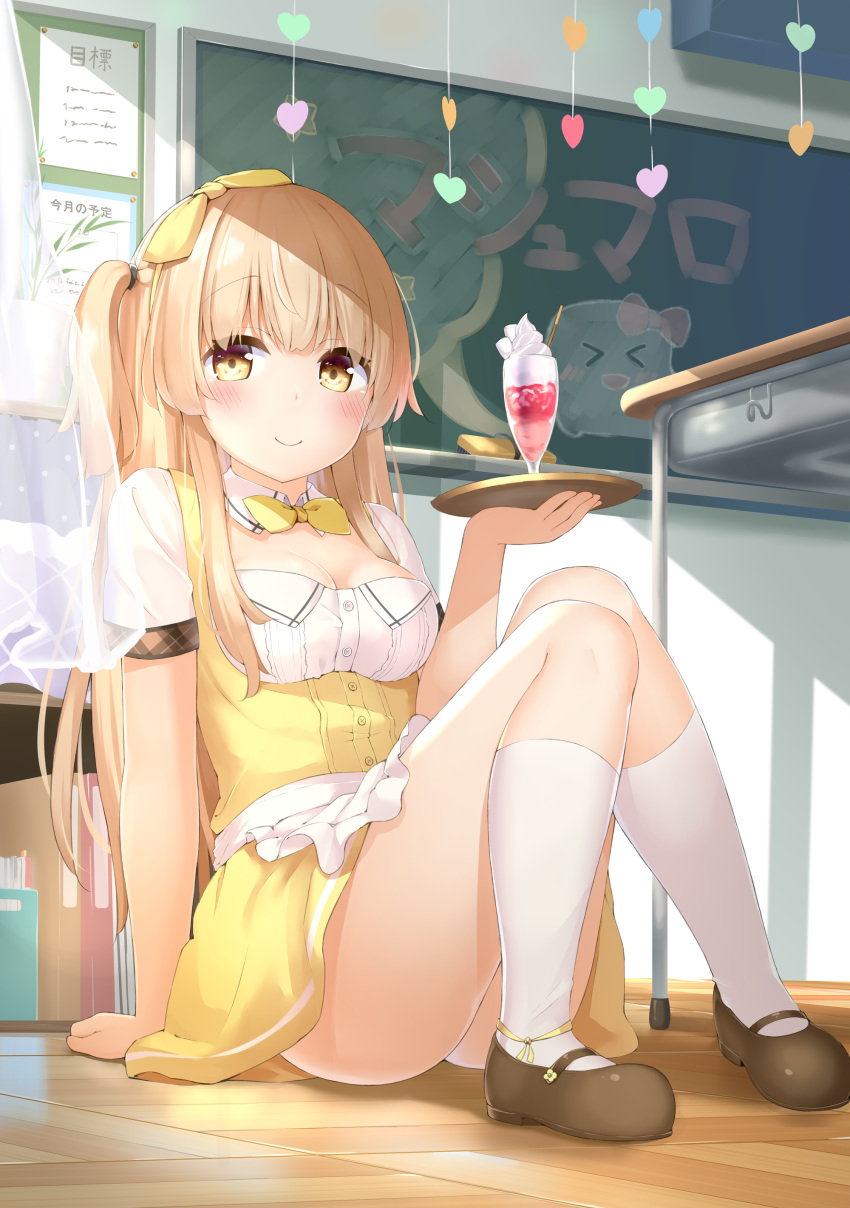 1girl absurdres apron arm_support blonde_hair blush bow bowtie breasts chalkboard classroom cleavage_cutout clothing_cutout curtains desk dress food framed_breasts frilled_apron frills glass hair_bow hanabe_(airutu0830_1) hand_up heart highres holding holding_tray ice_cream indoors kneehighs knees_together_feet_apart knees_up long_hair looking_at_viewer mary_janes multicolored multicolored_clothes multicolored_dress on_floor one_side_up original pigeon-toed plant pocky potted_plant school school_desk shoes short_sleeves sitting smile solo sundae sunlight tray waitress white_dress white_legwear window_shade wooden_floor writing yellow_dress yellow_eyes