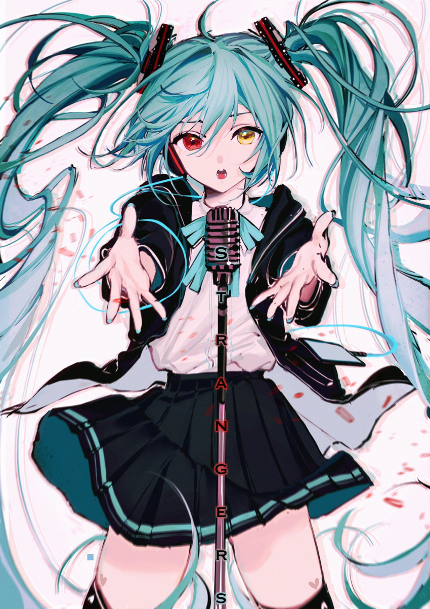 1girl aqua_hair aqua_nails aqua_neckwear black_jacket black_legwear black_skirt commentary cowboy_shot foreshortening hair_ornament hatsune_miku headphones heart heterochromia highres hood hooded_jacket jacket long_hair looking_at_viewer microphone microphone_stand miniskirt music nail_polish neck_ribbon open_mouth outstretched_arms pleated_skirt project_diva_(series) red_eyes ribbon rumoon_cocoa shirt silent_voice_(module) singing skirt solo song_name standing thigh-highs twintails very_long_hair vocaloid white_background white_shirt yellow_eyes