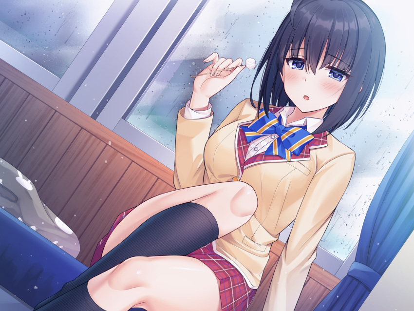 1girl :o asa_no_ha bangs bed bed_sheet black_hair black_legwear blue_bow blue_eyes blue_neckwear blush bow breasts collared_shirt curtains dutch_angle feet_out_of_frame highres holding indoors jacket kneehighs legs looking_at_viewer medium_breasts medium_hair mimikaki non-web_source on_bed open_mouth original pillow plaid plaid_skirt pleated_skirt rain red_skirt school_uniform shirt sidelocks sitting sitting_on_bed skirt solo striped striped_neckwear thighs water_drop white_shirt window wooden_wall yellow_jacket