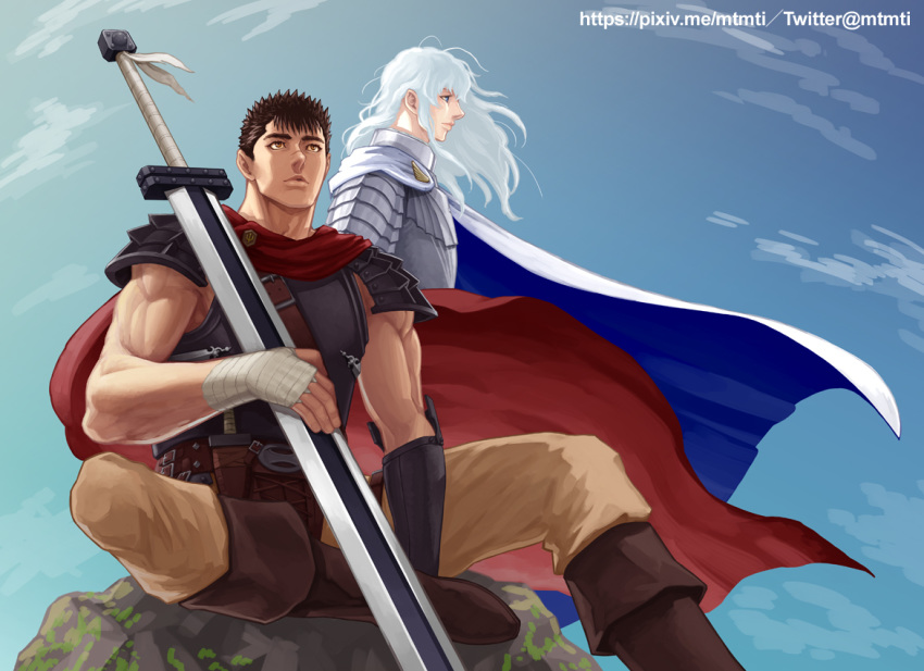2boys androgynous armor berserk black_hair blue_eyes brown_eyes cape dragonslayer_(sword) expressionless facial_scar feet_out_of_frame griffith_(berserk) guts_(berserk) holding holding_sword holding_weapon long_hair male_focus multiple_boys muscle nose_scar red_cape scar short_hair sitting sky sword toned toned_male twitter_username wavy_hair weapon white_cape white_hair wind wind_lift zonzgong