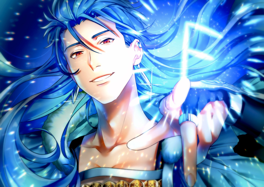 1boy absurdres ansuz blue_hair collarbone cu_chulainn_(fate)_(all) earrings fate/grand_order fate_(series) fingernails fur highres hood hood_down jewelry kuropani_cos long_hair looking_at_viewer magic open_mouth pointing red_eyes runes smile solo sparkle spiky_hair type-moon