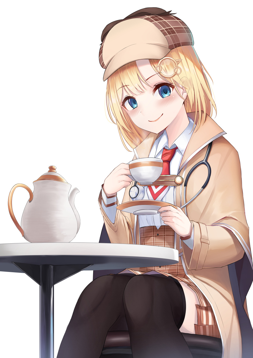 1girl absurdres bangs black_legwear blonde_hair blue_eyes blush breasts brown_capelet brown_headwear brown_skirt closed_mouth collared_shirt cup feet_out_of_frame hair_ornament hat highres holding holding_cup hololive hololive_english jacket layered_sleeves long_sleeves looking_at_viewer monocle_hair_ornament necktie plaid plaid_skirt pleated_skirt red_neckwear saucer shirt simple_background sitting skirt smile solo stethoscope table teacup teapot thigh-highs virtual_youtuber watson_amelia white_background white_shirt yatsucchie