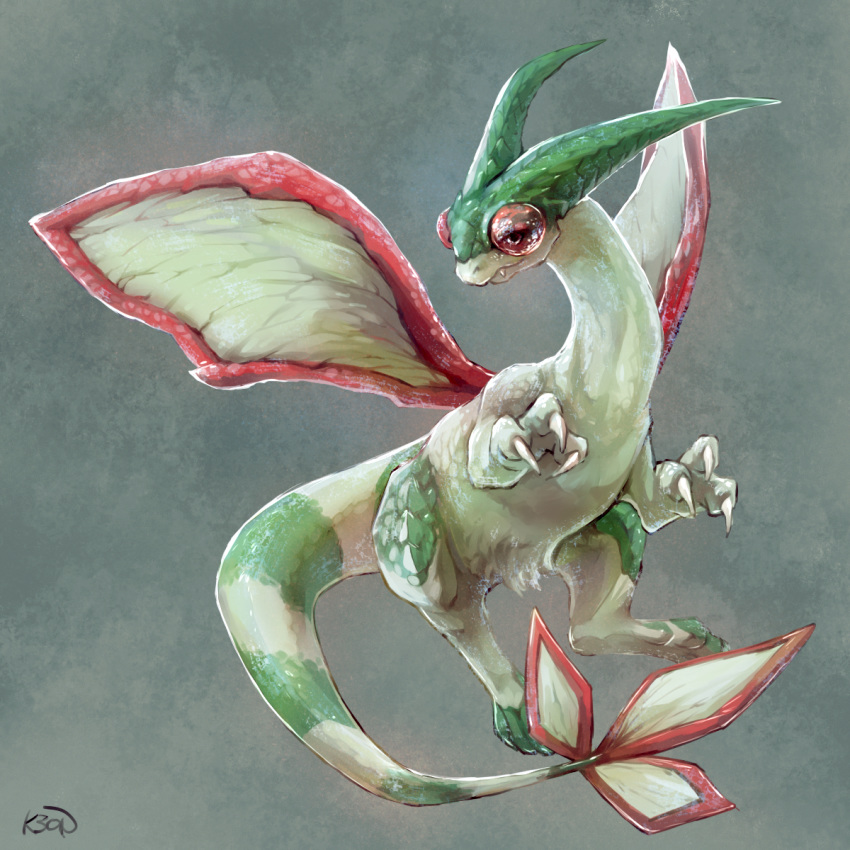 claws closed_mouth commentary_request fang flygon full_body gen_3_pokemon highres k3on no_humans pokemon pokemon_(creature) signature smile tail watermark wings