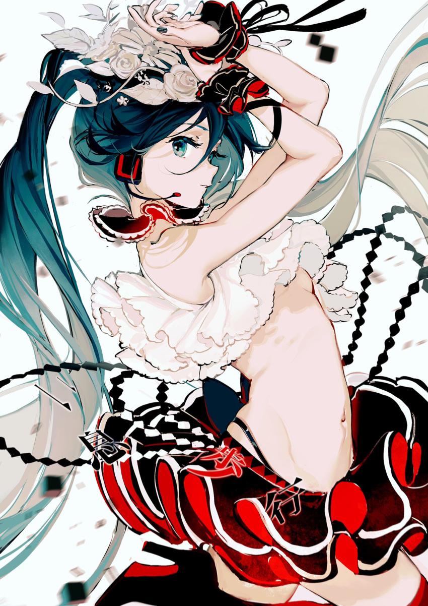 1girl aqua_eyes aqua_hair aqua_nails bare_shoulders black_skirt bless_you_(module) blurry blurry_background boots breasts commentary cowboy_shot crop_top cube flower frilled_shirt frills from_side hair_flower hair_ornament hands_up hatsune_miku headphones headset high_heel_boots high_heels highres hip_bones leg_up light_smile long_hair looking_at_viewer midriff miniskirt nail_polish navel nisoku_hokou_(vocaloid) parted_lips project_diva_(series) rose rumoon_cocoa scrunchie shirt skirt small_breasts solo song_name twintails under_boob very_long_hair vocaloid white_background white_flower white_rose white_shirt wrist_scrunchie