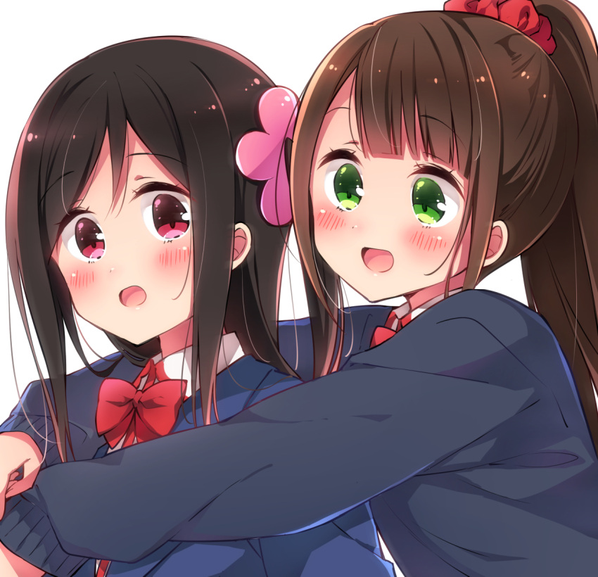 2girls :d blue_cardigan blue_jacket bow bowtie brown_hair cardigan collared_shirt commentary_request dot_nose flower green_eyes hair_flower hair_ornament hair_scrunchie happy highres hitori_bocchi hitoribocchi_no_marumaru_seikatsu honshou_aru jacket long_hair looking_at_another looking_at_viewer multiple_girls one_side_up open_mouth pink_flower ponytail red_bow red_bowtie red_eyes red_scrunchie school_uniform scrunchie shirt simple_background sk02 smile upper_body white_background white_shirt