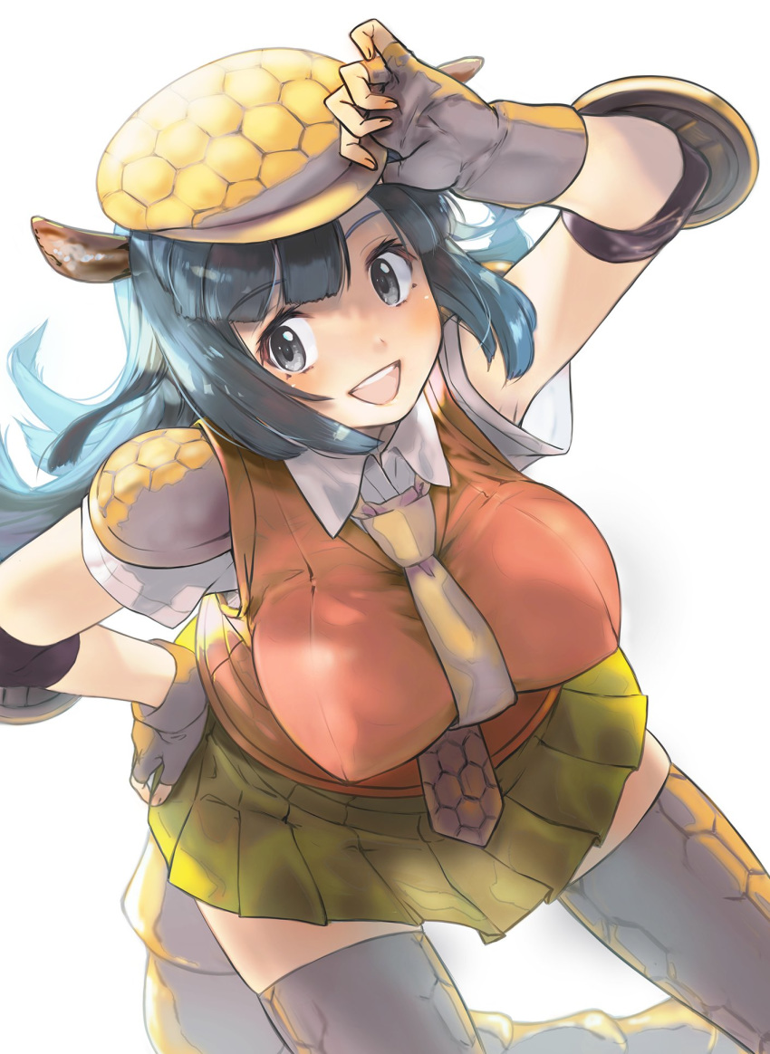 1girl animal_ears arm_up armadillo_ears armadillo_tail armor armpit_peek bangs black_eyes black_hair breasts chikuwa_(tks) collared_shirt commentary_request dutch_angle elbow_pads eyebrows_visible_through_hair fingerless_gloves floating_hair giant_armadillo_(kemono_friends) gloves hand_on_headwear hand_on_hip hat highres kemono_friends large_breasts leaning_forward long_hair looking_at_viewer miniskirt necktie open_mouth parted_bangs pleated_skirt shirt short_sleeves shoulder_armor skindentation skirt smile solo sweater_vest tail thigh-highs up_sleeve upper_teeth wing_collar zettai_ryouiki