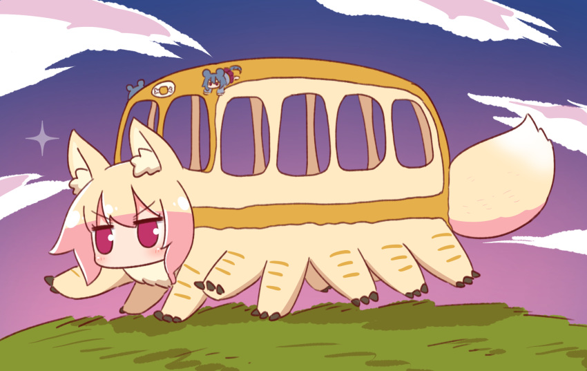 1girl animal_ear_fluff animal_ears bangs blonde_hair blue_sky boned_meat bus clouds eyebrows_visible_through_hair food fox_ears fox_girl fox_tail full_body gradient_sky ground_vehicle hair_between_eyes highres kemomimi-chan_(naga_u) meat motor_vehicle naga_u nekobus nezumimi-chan_(naga_u) original outdoors purple_sky red_eyes sidelocks sky solo sparkle sunset tail tonari_no_totoro v-shaped_eyebrows