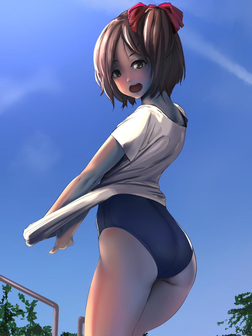 1girl ass blush brown_hair hair_ornament highres open_mouth original school_swimsuit shirt sky swimsuit t-shirt white_shirt yubata