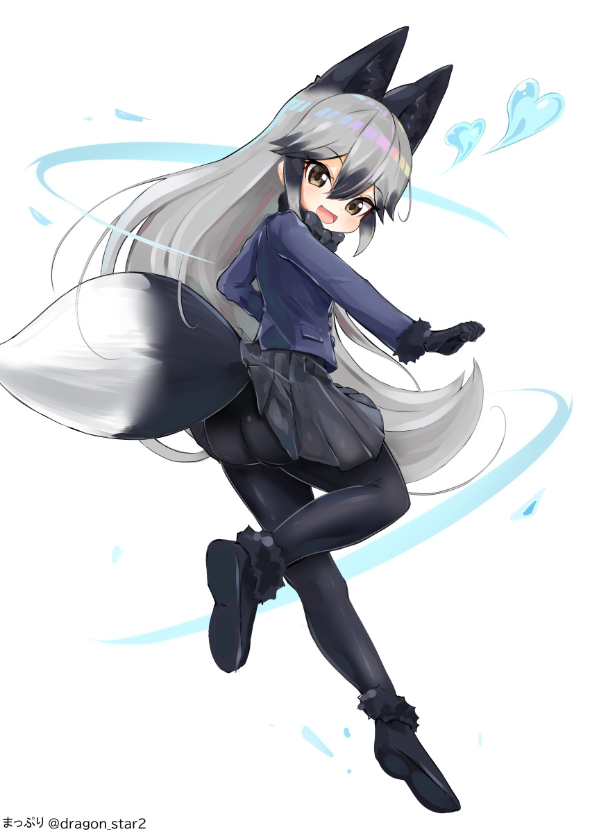 1girl absurdres animal_ears ass black_gloves black_hair black_legwear blue_jacket blush dragon_star2 extra_ears eyebrows_visible_through_hair fox_ears fox_tail fur-trimmed_sleeves fur_trim gloves heart highres jacket kemono_friends long_hair looking_at_viewer looking_back multicolored_hair open_mouth pantyhose pleated_skirt shoes silver_fox_(kemono_friends) silver_hair simple_background skirt solo tail two-tone_hair white_background