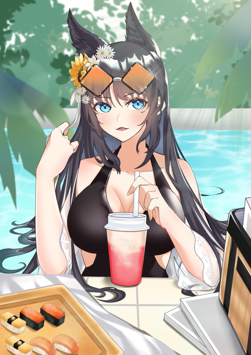 1girl absurdres alternate_costume animal_ear_fluff animal_ears azur_lane bangs bare_shoulders black_hair black_swimsuit blue_eyes blush breasts cup disposable_cup drinking_straw eyewear_on_head flower food fox_ears fox_girl hair_between_eyes hair_flower hair_ornament hair_ribbon hand_up highres holding kii_(azur_lane) kii_(poolside_persuasion)_(azur_lane) large_breasts long_hair looking_at_viewer parted_lips partially_submerged pool poolside ribbon see-through_sleeves smile solo sunglasses sushi swimsuit tinted_eyewear tray upper_body very_long_hair white_flower white_ribbon white_shawl yoshitoki_(kisshin)