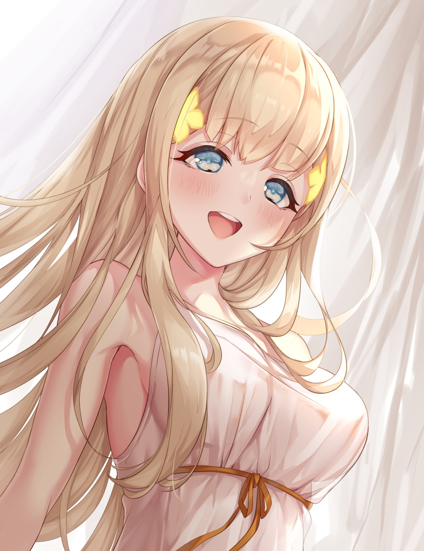 1girl :d blonde_hair blue_eyes blush breasts commentary_request dress eyebrows_visible_through_hair highres large_breasts long_hair looking_at_viewer open_mouth rapunzel_(sinoalice) sallyzaemon sinoalice smile solo upper_teeth very_long_hair white_dress